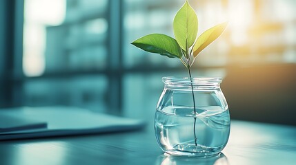 Small plant in a clear glass vase, vibrant green leaves, office setting