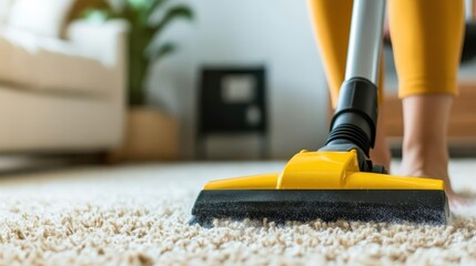 A vibrant yellow vacuum cleaner is in action on a plush carpet, highlighting the importance of cleanliness and care in maintaining a warm and welcoming home ambiance.