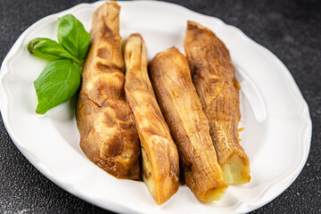 Baked eggplant vegetable cooking tasty fresh delicious gourmet food background table rustic food top view copy space keto and paleo diet vegetarian and vegan food
