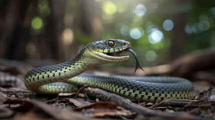Obraz premium Green Snake in Natural Setting with Blurred Background for Wildlife Photography and Nature Inspiration in Art Design