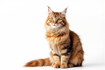 Obraz premium Maine Coon cat with fluffy fur sitting on a white background, looking directly with bright eyes. Concept of pet beauty and feline elegance. Ai generative