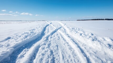 Obraz premium A snow-covered road stretches into the distance beneath a clear blue winter sky, evoking feelings of serenity and the beauty of a tranquil seasonal landscape.