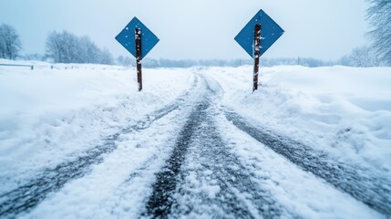 A snowy path marked by directional signs leads into a winter wonderland, painting a stark contrast with the white blanket of snow encapsulating the peaceful wilderness.