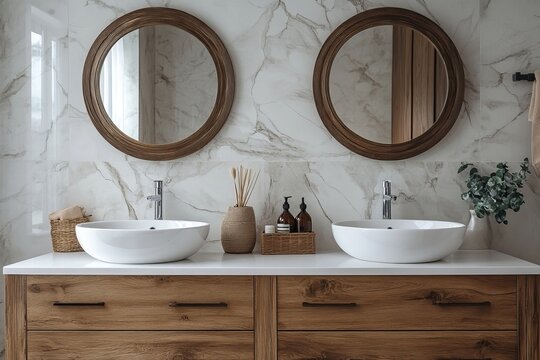 Bathroom vanity with dual sinks round mirrors and marble tile background in a modern interior design