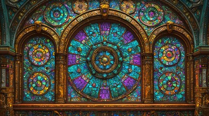 Fototapeta premium A Majestic Stained Glass Window: A Kaleidoscope of Colors and Intricate Design