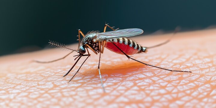 Close-up mosquito feeding on human skin  
