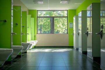 Interior view of a public restroom with green walls, white toilets, and a window showing trees outside