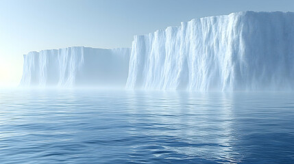 Towering icy cliffs meet calm blue sea under a clear sky creating a serene and powerful arctic landscape