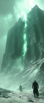 Mysterious figures approach glowing citadel