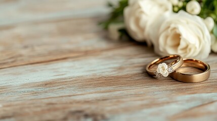 Two gleaming gold wedding bands rest beside a cluster of white roses, embodying the essence of love and unity in a beautifully arranged setting.