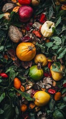 Various fruits nuts and leaves appear together in a nature arrangement