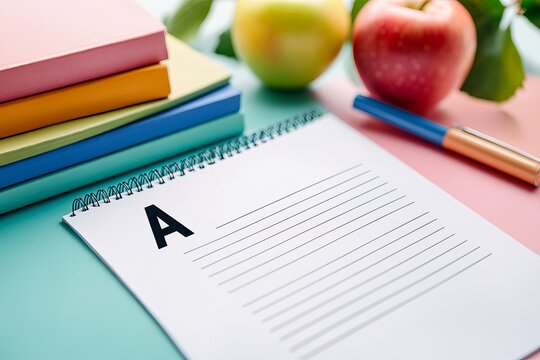 Still life composition featuring a notebook with the letter a, apples, and stacked books on a colorful surface