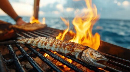 A fish grilled over an open flame creates a dynamic scene filled with action, enhancing the outdoor cooking experience near the ocean amidst a magical sunset ambiance.