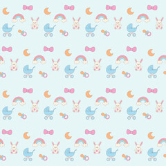 Baby Clothing Textile Seamless Swatch Background. Hand Drawn Doodle Funny Cute Infant Fabric Pattern. Cute Kawaii Whimsical Wrapping, Wallpaper Nursery Design. Vintage Elegant Retro Style. Nappy Cover