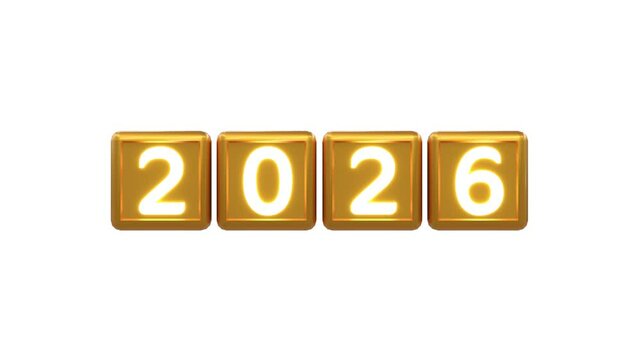 golden text 2025 transforming into 2026 - rotating cubes - separate alpha channel
