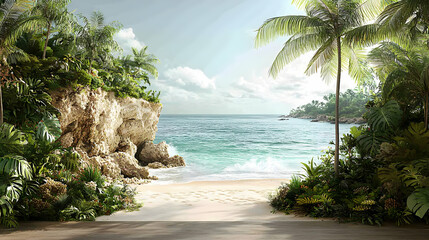 Tropical beach paradise waves gently lap at the shore near lush greenery  palms Warm sunlight illuminates the scene