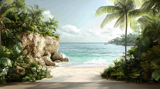Tropical beach paradise waves gently lap at the shore near lush greenery  palms Warm sunlight illuminates the scene