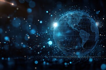 Obraz premium A globe formed by blue lines and dots against a dark background, representing global networking and advanced digital technology.