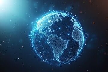 A globe depicted with blue lines and glowing dots on a dark backdrop, signifying global communication and digital connectivity.