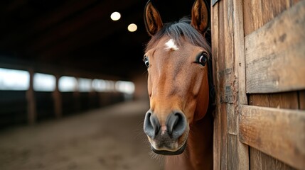 Fototapeta premium This stunning close-up image highlights a horse peeking from behind a wooden stable door, showcasing its vivid expression and unique personality in a cozy environment.