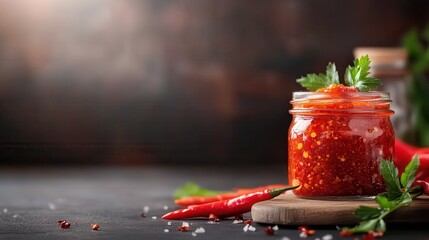 A vibrant glass jar filled with fresh red sauce and garnished with peppers illustrates culinary passion and creativity, making it a brilliant addition to any kitchen.