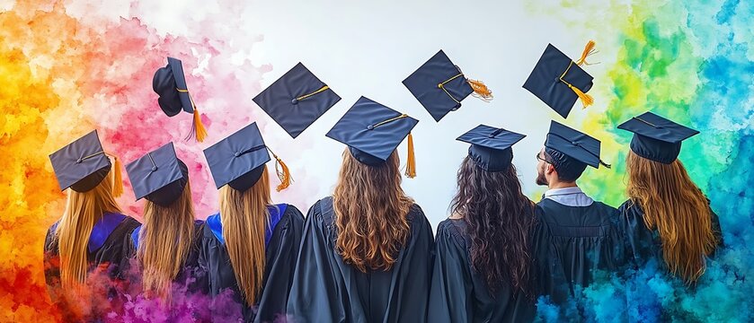 Graduates toss caps with rainbow backdrop.