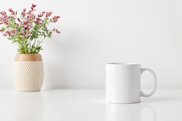 Minimalist white ceramic mug on a table with a textured vase and pink flowers in the background, ideal for branding, mockups, or design presentations. Ai generative