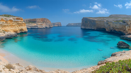 Obraz premium Turquoise waters meet cliffs under a blue sky forming a tranquil beach Green foliage adds a vibrant touch