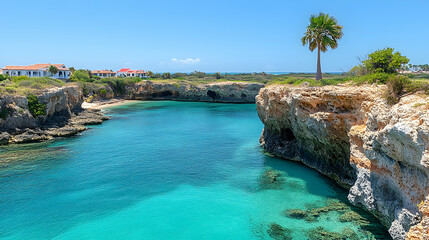 Obraz premium Turquoise waters meet rocky cliffs under a bright sky beach nearby Houses on hilltop palm tree