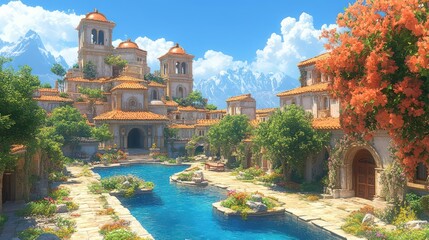 Naklejka premium Idyllic mountain village poolside serenity
