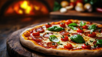 A freshly baked wood-fired pizza with bubbling mozzarella cheese, a hand holding slice pizza, crispy golden crust, and vibrant toppings of basil, cherry tomatoes, and pepperoni, set on a rustic wooden