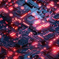 Fototapeta premium Glowing red circuit board futuristic technology abstract