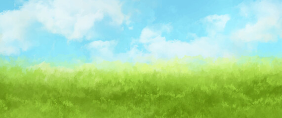 Abstract summer landscape vector watercolor background with blue sky, white clouds and green field. Watercolor illustration for interior, flyers, poster, cover, banner. Modern hand draw painting.