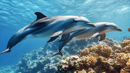 Two dolphins swimming together in the ocean near a coral reef surrounded by clear blue water with light passing throug