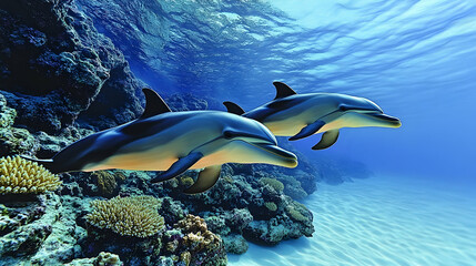 Obraz premium Two dolphins swim gracefully through clear blue waters near vibrant coral reefs creating a serene underwater scene