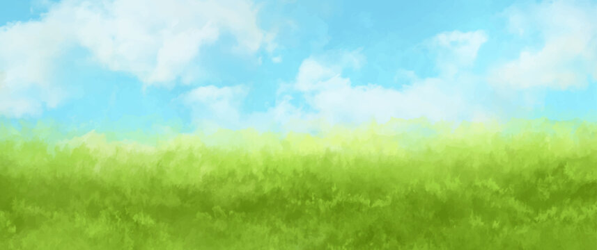 Abstract summer landscape vector watercolor background with blue sky, white clouds and green field. Watercolor illustration for interior, flyers, poster, cover, banner. Modern hand draw painting.