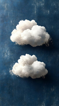Two fluffy white clouds float against a textured deep blue sky creating a tranquil and dreamlike atmosphere