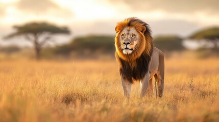 Fototapeta premium Majestic African lion surveying his golden savanna kingdom at sunset
