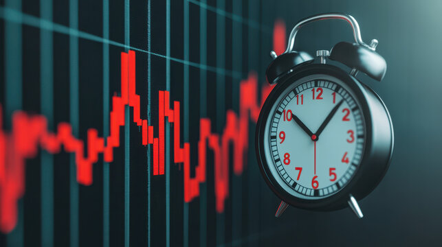 classic alarm clock is set against backdrop of red financial graph, symbolizing urgency in economic trends
