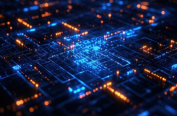 Fototapeta premium A technological circuit diagram in blue and orange tones with intricate circuits and glowing dots, representing digital technology and electronic systems.