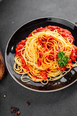 Spaghetti bolognese pasta tomato sauce tasty fresh delicious gourmet food background table rustic food top view copy space
