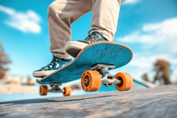 Skateboarder performing tricks in a sunny skate park setting  