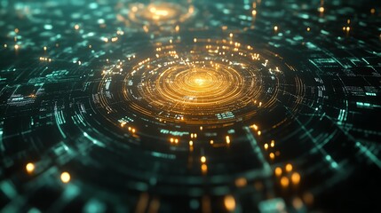 A futuristic circular interface glows with teal and orange lights, suggesting advanced technology and data processing.