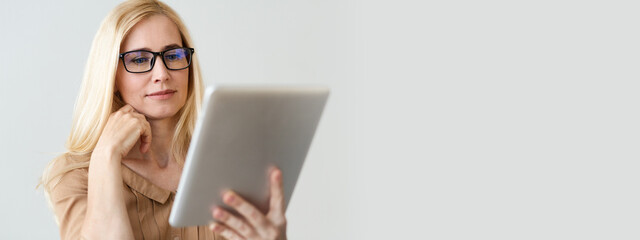 Woman Financier Reading News On Tablet Online, Having Break In Office, Copy Space, Banner