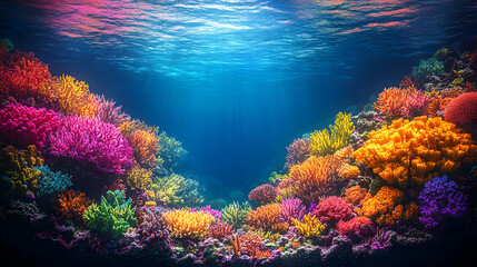 Obraz premium Underwater scene with colorful coral reefs sun rays piercing through water creating serene aquatic ambiance and vibrant