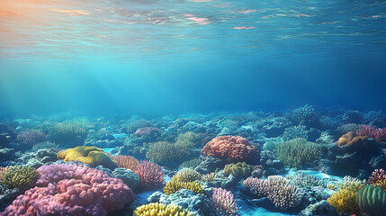 Fototapeta premium Underwater scene with colorful corals rocks and clear blue water creating an vibrant aquatic landscape illuminated by