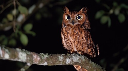 A sharp-eyed owl perched on a tree branch against a dark background, exuding a sense of mystery and wisdom