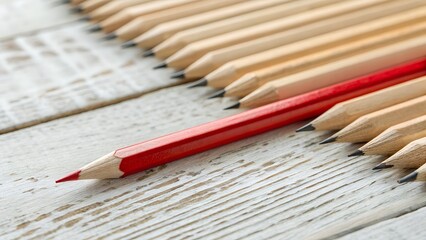 Fototapeta premium Red Pencil Standing Out Among Row of Natural Wooden Pencils on White Wood Background