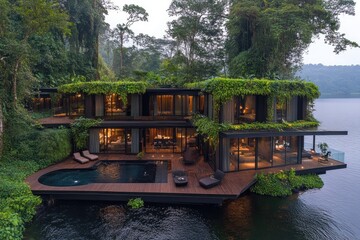Obraz premium Modern architecture merges with nature overlooking a lake, surrounded by lush vegetation