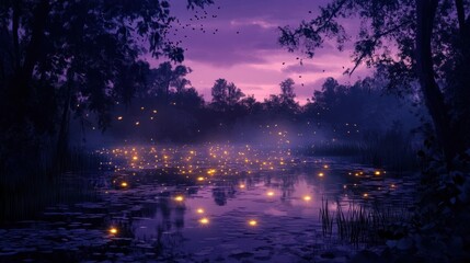 Glowing Lights Over Water Reflecting Dusk Sky in a Forest